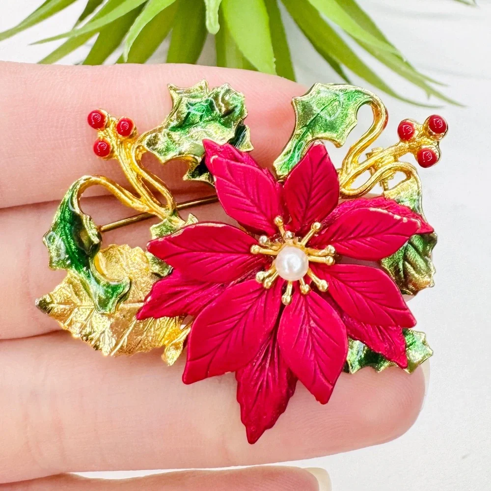 Vintage Y2K Kenneth Cole Satin Red Enamel Christmas Poinsettia Faux Pearl Brooch